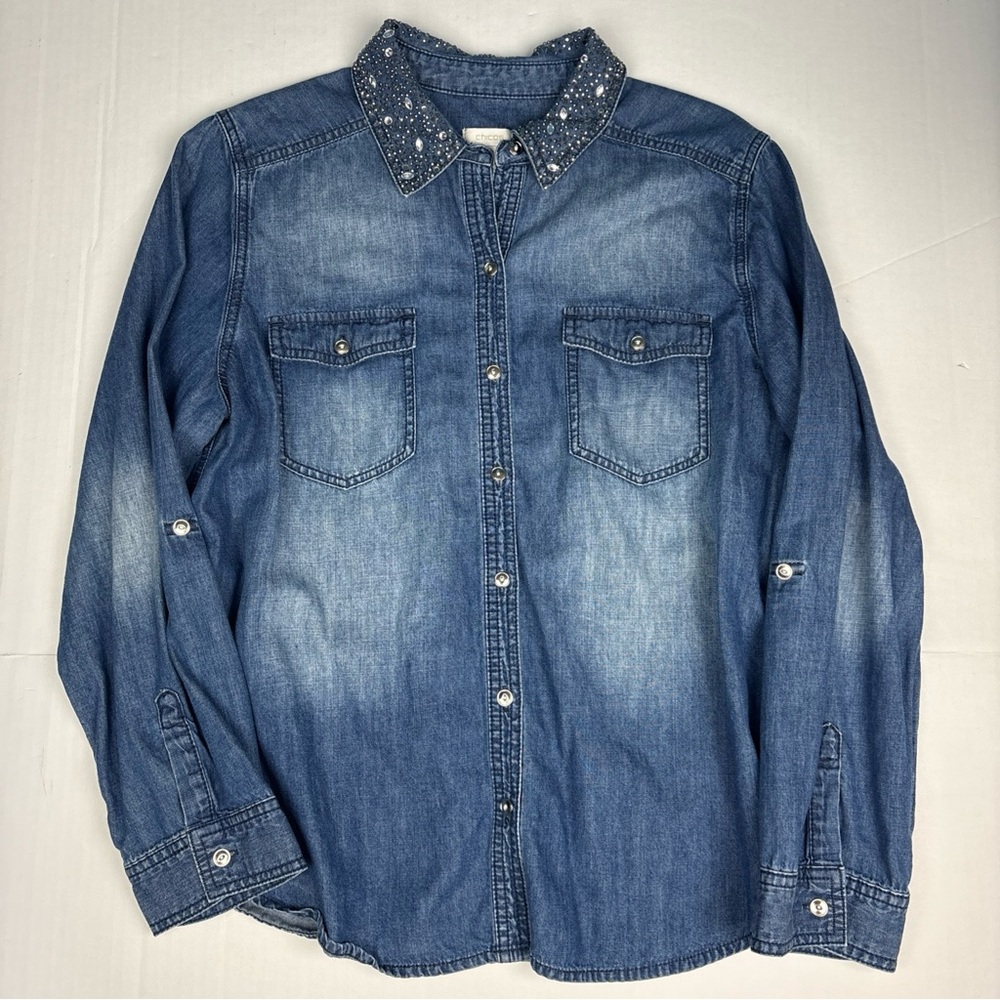 Chico's Women's Size 2 Medium Shirt Blue Denim Rhinestone Long Roll Tab Sleeve